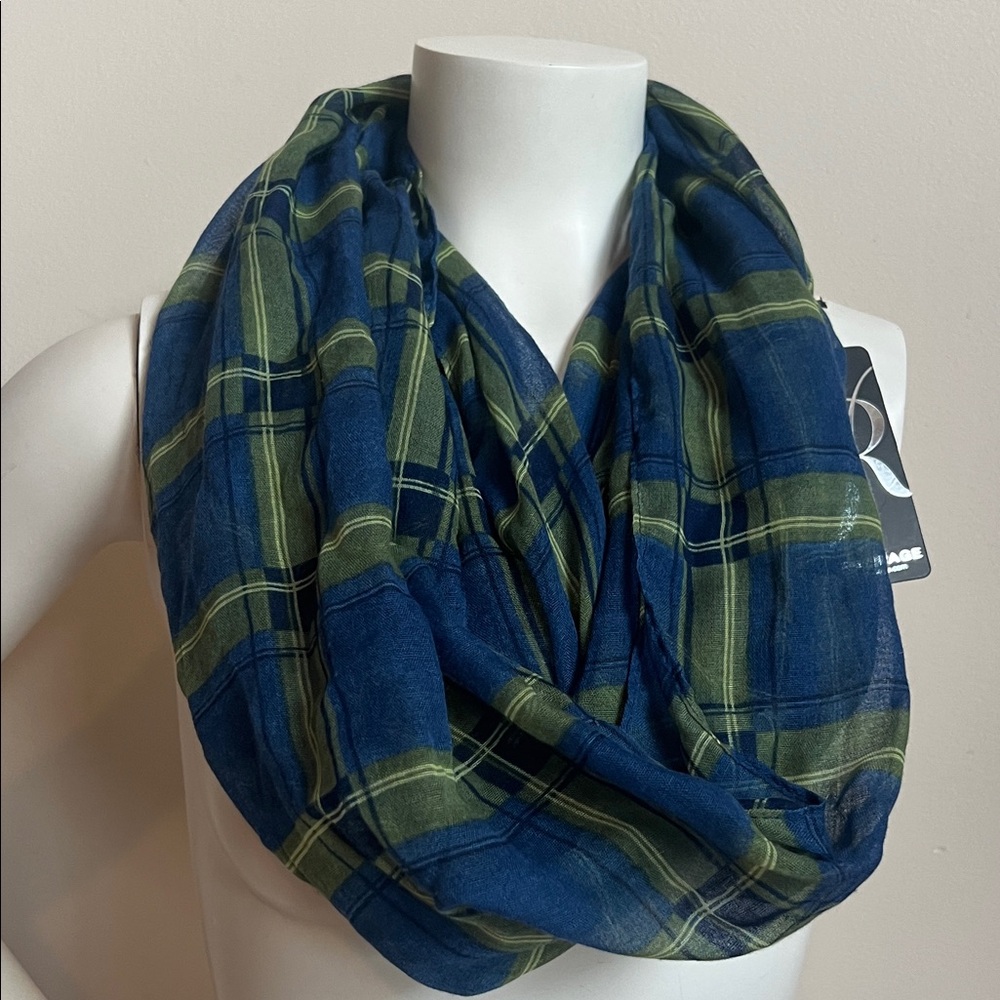 Rampage Blue and Green Plaid Infinity Scarf NWT